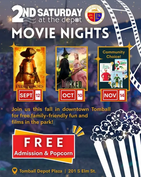 Flyer: 2nd Saturday at the Depot: Movie Night (Community Choice) — Tomball Depot Plaza, Sat, Nov 14