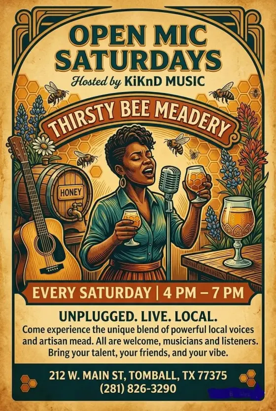 Flyer: Open Mic Saturdays — Thirsty Bee Meadery, Sat, Oct 24