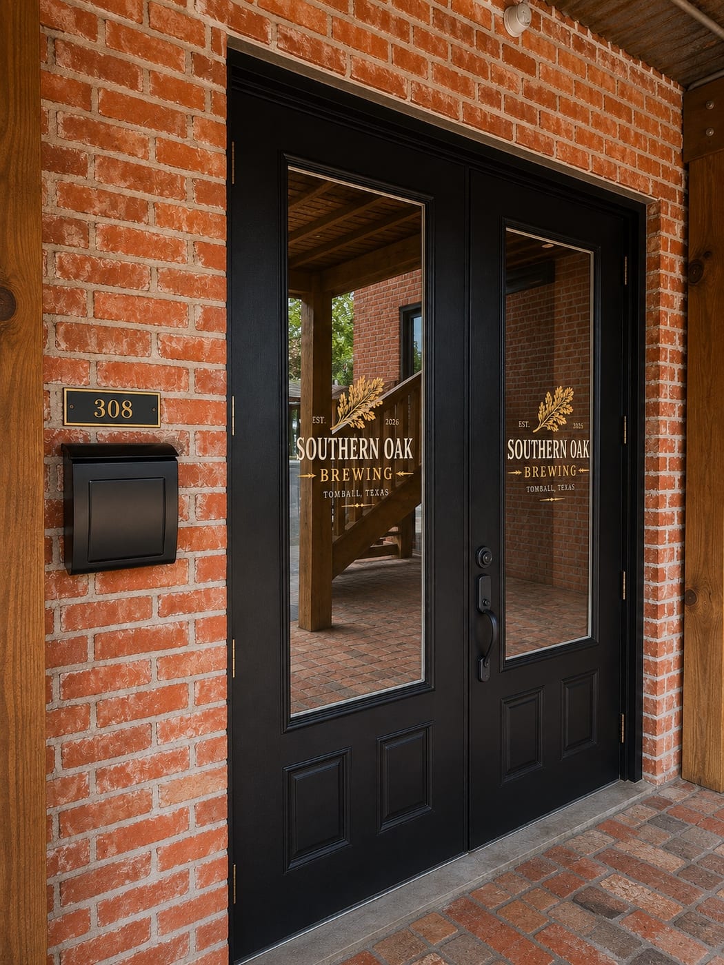 Black double entry doors set in red brick, each glass panel etched in gold with the Southern Oak Brewing oak-leaf logo and 'Tomball, Texas', beside a brass 308 address plaque.