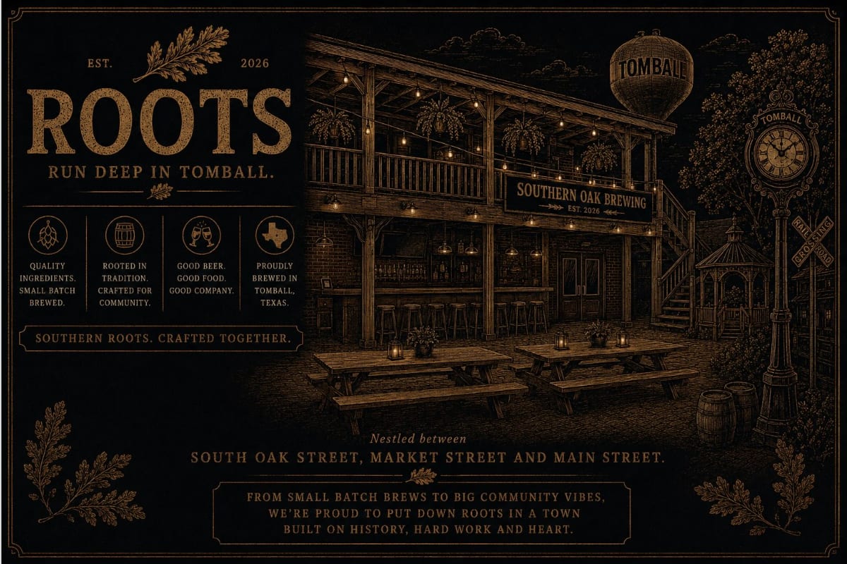 Illustrated Southern Oak Brewing announcement graphic: 'ROOTS RUN DEEP IN TOMBALL', an engraved-style drawing of the two-storey brewpub with balcony, string lights, picnic tables, the Tomball water tower and depot clock, and the line 'Nestled between South Oak Street, Market Street and Main Street.'