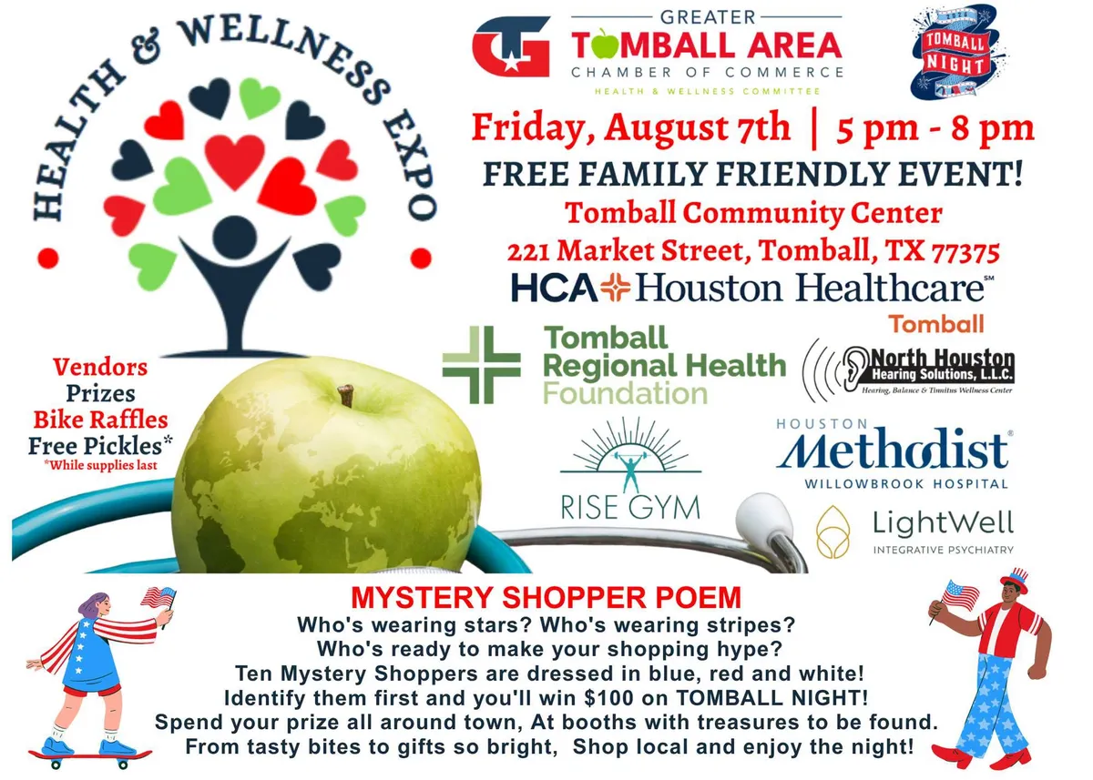 Health & Wellness Expo flyer — Friday, August 7th, 5 to 8 pm at the Tomball Community Center, 221 Market Street. Free family friendly event. Vendors, prizes, bike raffles, free pickles while supplies last. Includes the Mystery Shopper Poem.